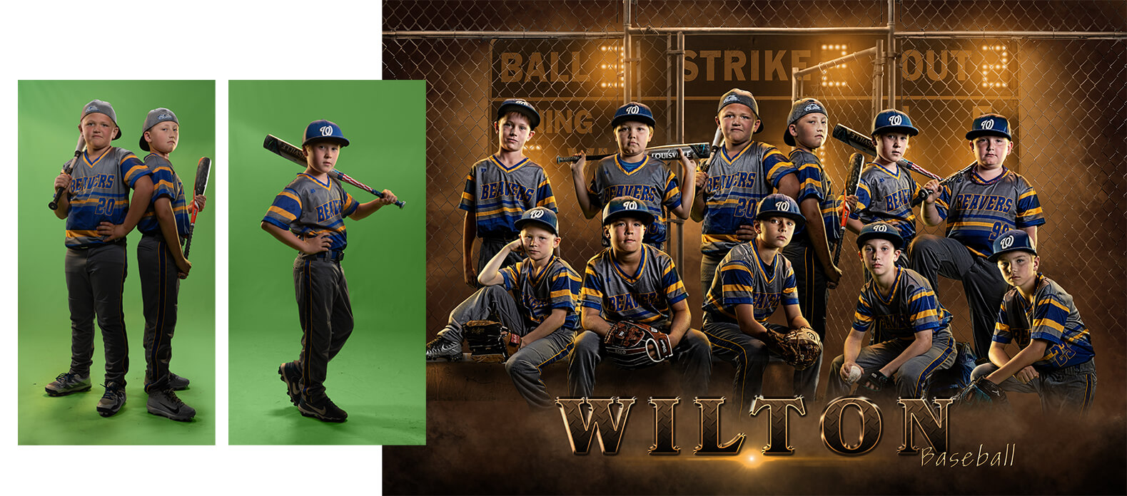 green screen photoshop extraction action for baseball team poster with scoreboard and fence