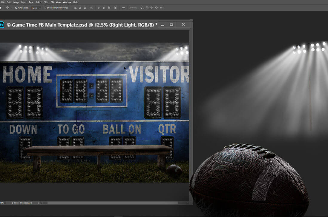 photoshop football template with scoreboard and stadium lights layered background options