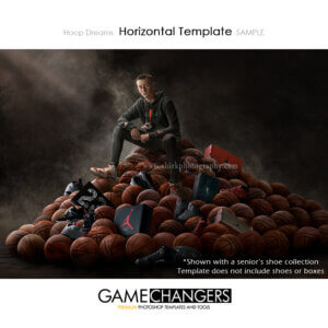 Unique Hoop Dreams Main Photoshop Template Senior Boy Sitting on Basketball Pile with Air Jordan Shoe Collection