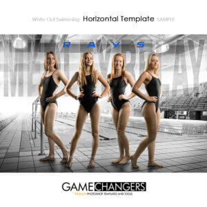 Creative Swimming Digital Background with Senior Girls Team Standing by Pool and Bleachers. White Out Main Photoshop Template
