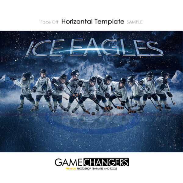 Hockey Face Off Photoshop Template Team for Photographers with Mountains Snow Ice Puck