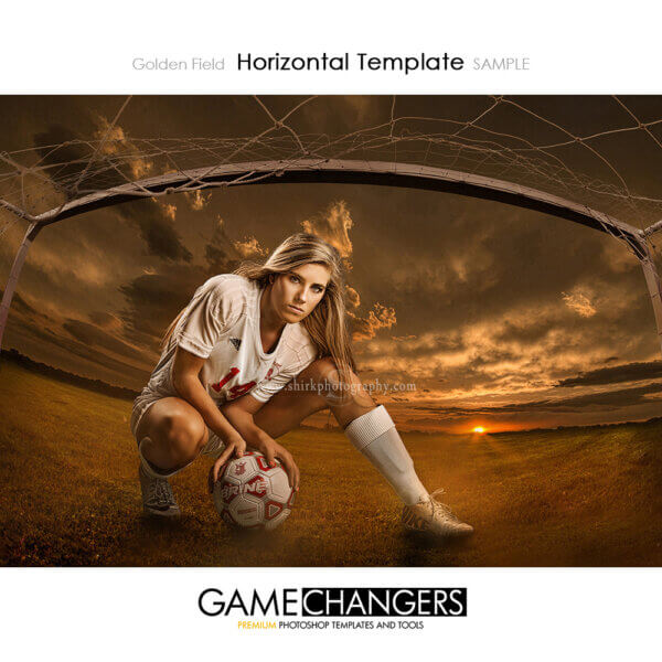 Soccer Net Main Photoshop Template Golden Field Sunset Sports Individual Template: Digital Background for Photographers