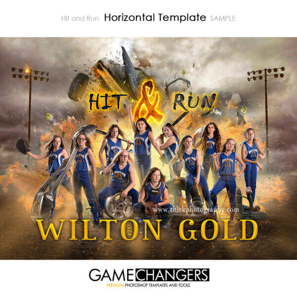 Softball Main Team: Hit and Run Photoshop Template for Photographers with Fire Explosion