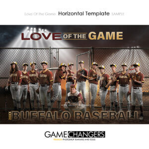 Unique photoshop template for the last game of a high school senior baseball team with sunset at the ball field by Game Changers and Shirk Photography.