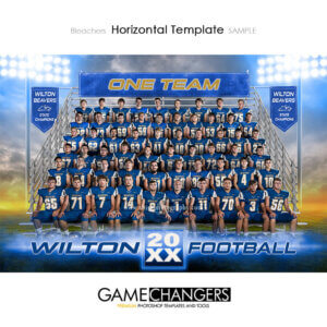 Customizable photoshop template for football players with customizable digital background and bleachers.
