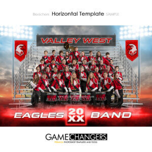 Unique photoshop template for marching band with customizable digital background and bleachers.