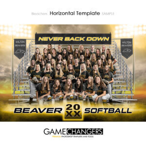 Cool photoshop template for softball with customizable digital background and bleachers.