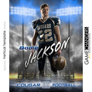 Creative high school senior individual photoshop template for football players with customizable digital background and bleachers.