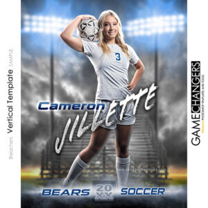 Customizable senior individual photoshop template for soccer players with customizable digital background and bleachers.