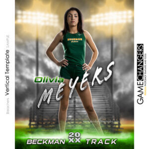 Cool individual photoshop template for track and field players with customizable digital background and bleachers.