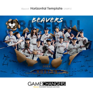 Creative photoshop template for baseball with customizable ripped breakthrough digital background.