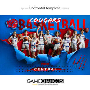Creative photoshop template for basketball with customizable ripped breakthrough digital background.