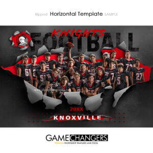 Creative photoshop template for football with customizable ripped breakthrough digital background.