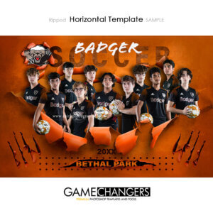 Creative photoshop template for soccer with customizable ripped breakthrough digital background.