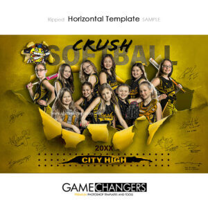 Creative photoshop template for softball with customizable ripped breakthrough digital background.