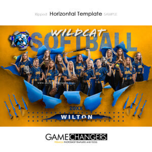 Creative photoshop template for softball with customizable ripped breakthrough digital background.