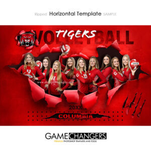 Creative photoshop template for volleyball with customizable ripped breakthrough digital background.