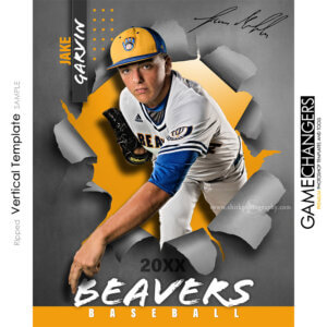 Creative photoshop template for baseball with customizable ripped breakthrough digital background.