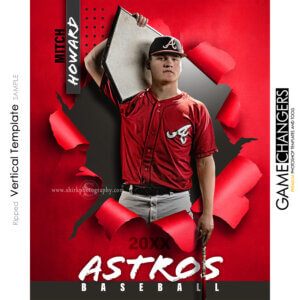 Creative photoshop template for baseball with customizable ripped breakthrough digital background.