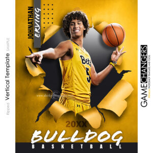 Creative photoshop template for basketball with customizable ripped breakthrough digital background.