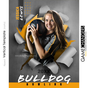 Creative photoshop template for bowling with customizable ripped breakthrough digital background.