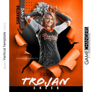 Creative photoshop template for cheer dance pom with customizable ripped breakthrough digital background.