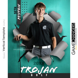Creative photoshop template for golf with customizable ripped breakthrough digital background.