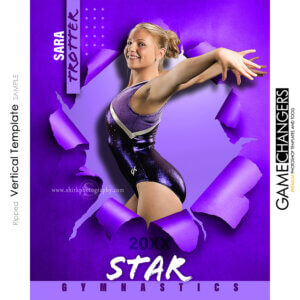 Creative photoshop template for gymnastics with customizable ripped breakthrough digital background.