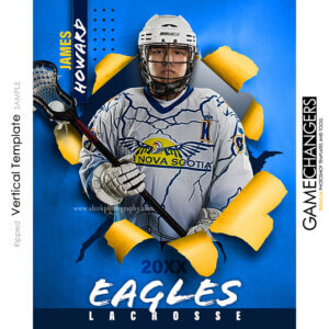 Creative photoshop template for lacrosse with customizable ripped breakthrough digital background.