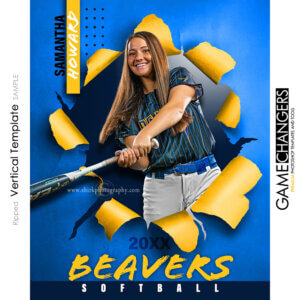 Creative photoshop template for softball with customizable ripped breakthrough digital background.