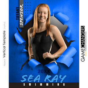 Creative photoshop template for swimming with customizable ripped breakthrough digital background.