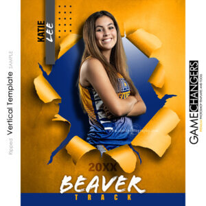 Creative photoshop template for track cross country with customizable ripped breakthrough digital background.