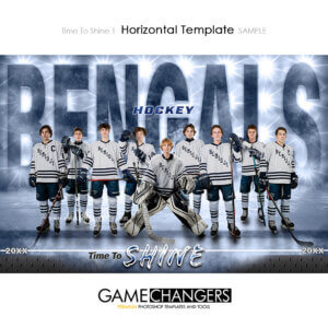 Unique Creative photoshop template for hockey with customizable Time To Shine digital background.