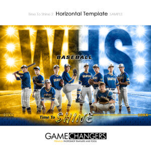Unique Creative photoshop template for baseball team customizable Time To Shine digital background with field and yellow and blue lights