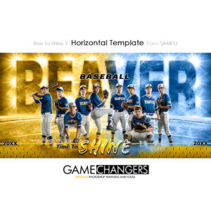 Unique Creative panoramic photoshop template for baseball team customizable Time To Shine digital background with field and yellow and blue lights