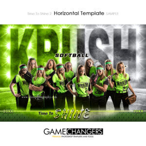 Unique Creative photoshop template for softball team with customizable Time To Shine digital background with field and green and white lights