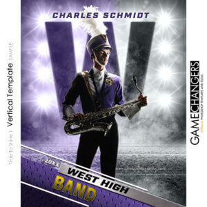 Unique Creative photoshop template for marching band with customizable Time To Shine digital background.