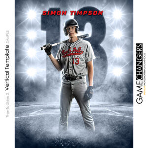 Unique Creative photoshop template for senior baseball player customizable Time To Shine digital background with field and white lights