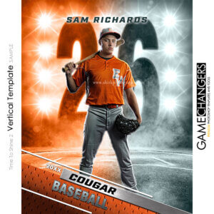 Unique Creative photoshop template for senior baseball player customizable Time To Shine digital background with field and orange and white lights