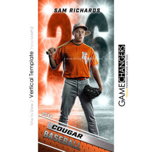 Unique Creative panoramic photoshop template for senior baseball player customizable Time To Shine digital background with field and orange and white lights
