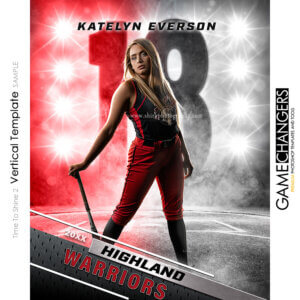 Unique Creative photoshop template for senior softball player customizable Time To Shine digital background with field and red and white lights