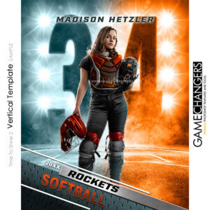 Unique Creative photoshop template for senior softball player customizable Time To Shine digital background with field and blue and orange lights