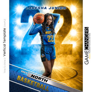 Unique Creative photoshop template for basketball with customizable Time To Shine digital background.