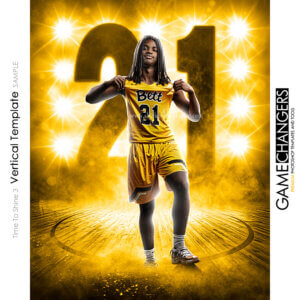 Unique Creative photoshop template for basketball with customizable Time To Shine digital background.