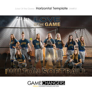 Customizable photoshop template for softball team with sunset at the ball field with fence and lights