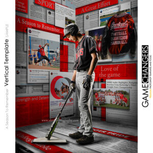 Senior baseball player athlete photoshop template with customizable news clippings and season memories digital background.
