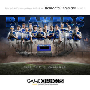 Baseball team photoshop template with blue and white lights bleachers field flag and customizable digital background.