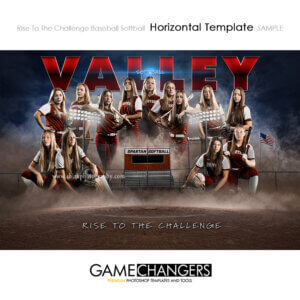 Softball team photoshop template with red blue and white lights bleachers field flag and customizable digital background.