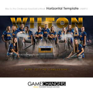 Softball team photoshop template with blue and yellow lights bleachers field flag and customizable digital background.