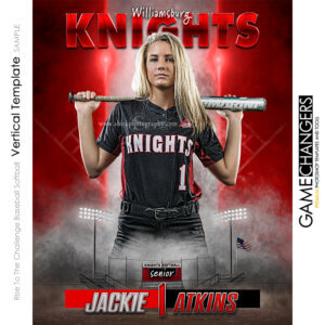 Softball photoshop template with red and white lights bleachers field flag and customizable digital background.